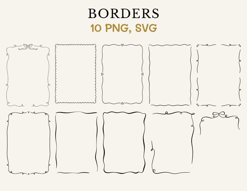 This wedding clipart bundle includes 10 hand drawn borders as pngs and svgs.