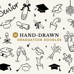 Paquete de SVG de graduación dibujados a mano, PNG de celebración, clipart de gorro de graduación dibujado a mano, para invitación a fiesta de graduación universitaria o de colegio