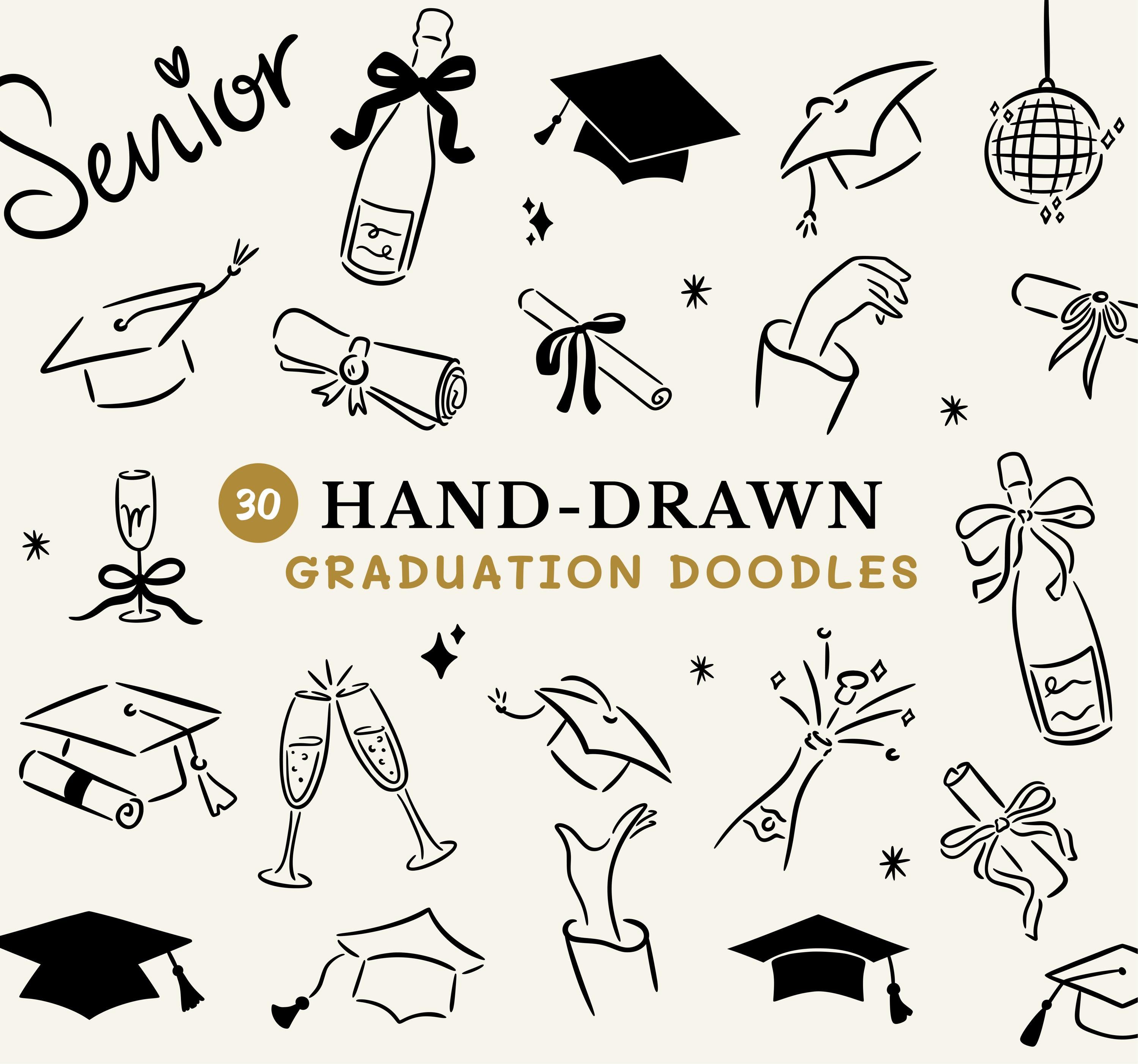 Hand Drawn Graduation SVG Bundle, Celebration PNG, Handdrawn Doodle Graduation Cap Clipart, for University or College Grad Party Invitation