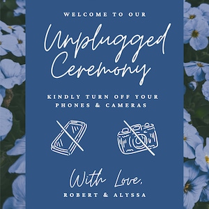 An unplugged ceremony wedding sign using doodles of a camera and a phone.