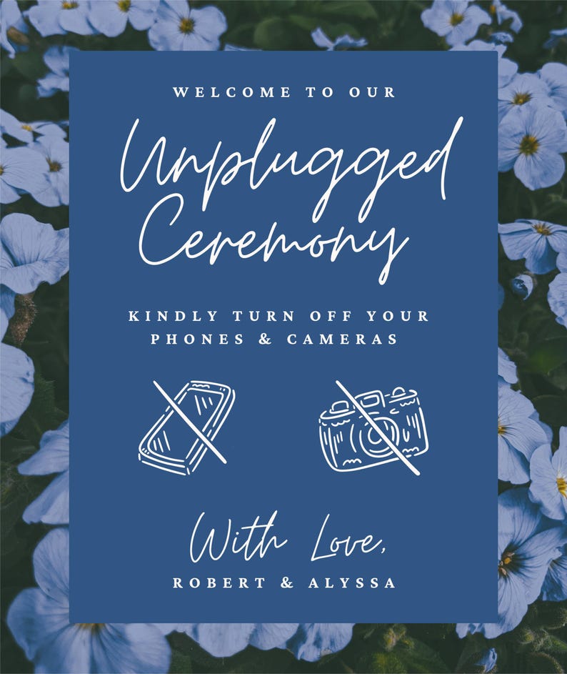 An unplugged ceremony wedding sign using doodles of a camera and a phone.