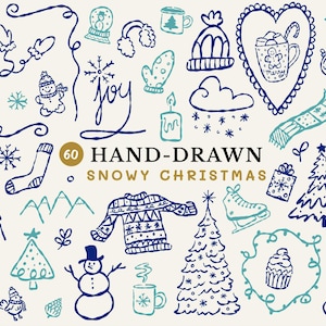 May include: Hand-drawn Snowy Christmas illustrations in blue and teal. The image features 60 festive doodles including snowflakes, trees, snowmen, ornaments, and the word "joy". Perfect for holiday crafts and designs.
