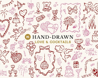 Hand Drawn Love Clipart, Whimsical Valentine SVG PNG, Handdrawn Romantic Doodles, Coquette Icons for Girls Night & Valentines Day Invitation