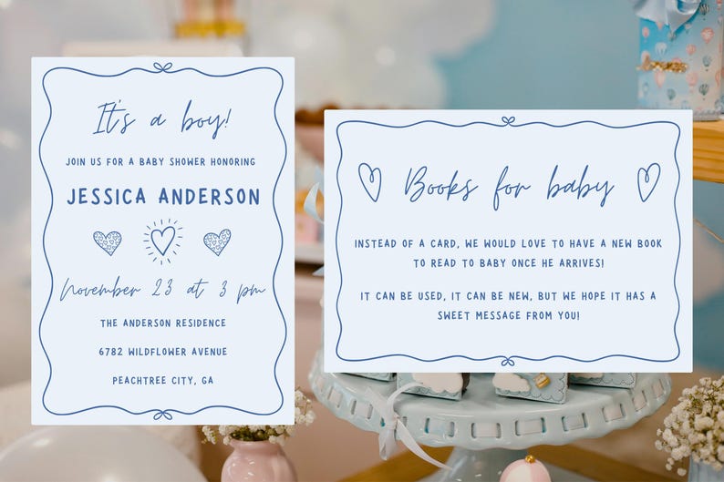 Handdrawn frames with bows on a baby shower invitation.