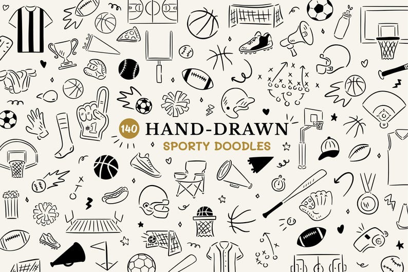 Hand-drawn sporty doodles clipart bundle with 140 illustrations including basketball, soccer, baseball, and football equipment and other decorative elements.