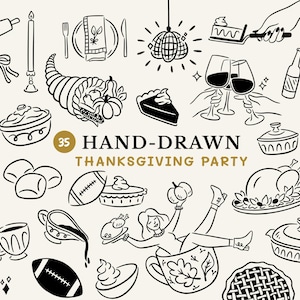 Op de afbeelding: Een zwart-wit illustratie met handgetekende afbeeldingen over een Thanksgiving-feest. De afbeelding bevat een hoorn des overvloeds, een kalkoen, taart, een voetbal, wijnglazen en de tekst "35 Hand-Drawn Thanksgiving Party."
