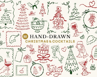 Hand Drawn Whimsical Christmas Clipart, Christmas Doodles SVG PNG, Winter Illustrations for Friendsmas & Holiday Cocktail Party Invitations