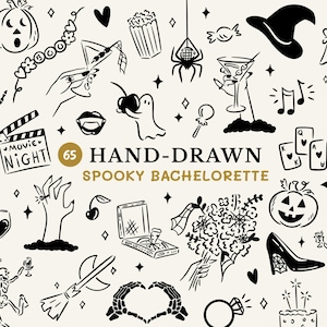 Paquete SVG de despedida de soltera de Halloween dibujado a mano, garabatos extravagantes, imágenes prediseñadas espeluznantes para la noche de cine de Halloween e invitación a una despedida de soltera de brujas.
