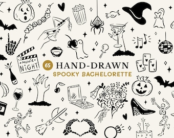 Hand Drawn Halloween Bachelorette SVG Bundle, Whimsical Doodles, Spooky Clipart for Halloween Movie Night & Witchy Bachelorette Party Invite