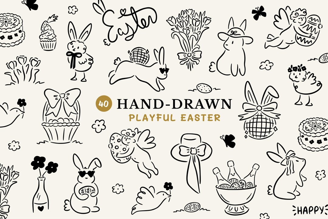 Hand Drawn Easter SVG Bundle, Whimsical Doodles PNG, Spring Line Art ...