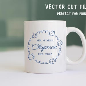 A circle flower frame with a family name shown on a mug. Text explains that the svgs are vector cut files.
