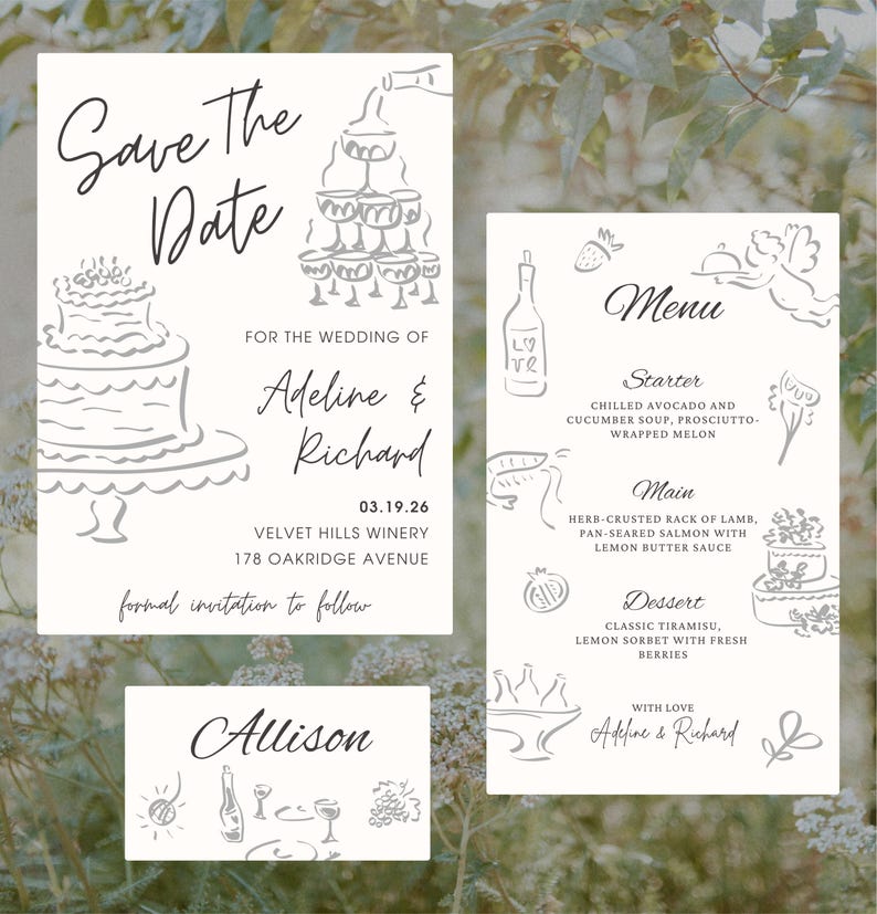 Whimsical wedding dining and cake clipart used on a save the date, menu, and name place card.