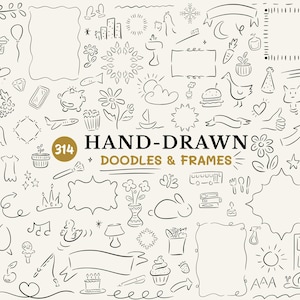 Puede incluir: Un conjunto de 314 ilustraciones y marcos dibujados a mano. Los doodles incluyen una variedad de objetos, como animales, plantas, comida y artículos para el hogar. Los marcos son de varias formas y tamaños. Los doodles son en blanco y negro.