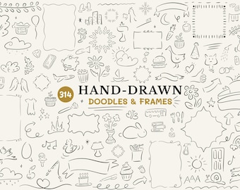 Hand Drawn Doodle SVG Bundle Line Art PNG | Vector Elements | Planner Doodles of Food, Animal, Plant, Flower, Arrow, Border, Frame, Flourish