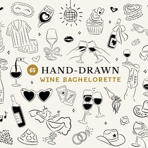 Puede incluir: Un conjunto de 65 ilustraciones dibujadas a mano en blanco y negro para una despedida de soltera de vino. Las ilustraciones incluyen copas de vino, botellas, un pastel, un cupcake, una máscara para dormir, gafas de sol, un sombrero de vaquero, una novia y más.