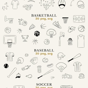 Football, basketball, baseball, and soccer clipart in a whimsical, hand drawn style.