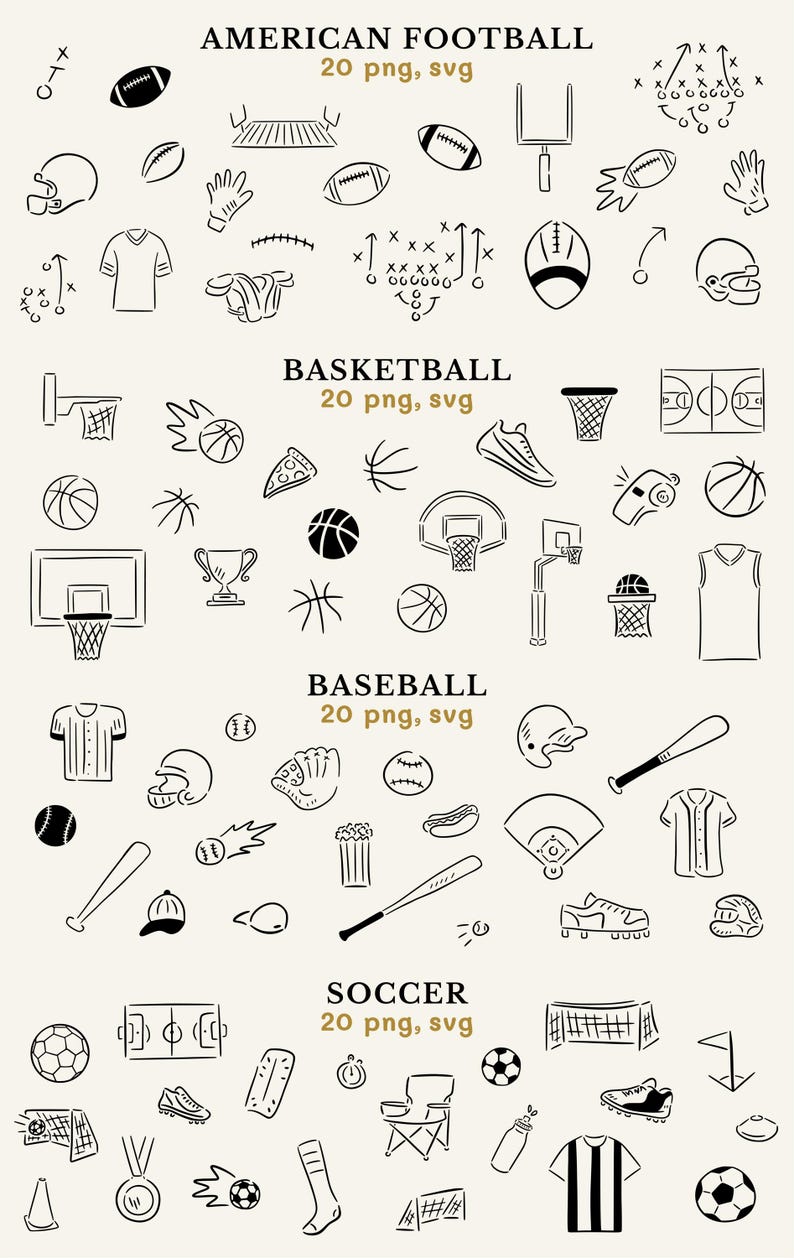 Football, basketball, baseball, and soccer clipart in a whimsical, hand drawn style.