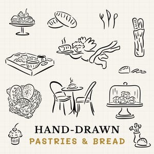 Menu desenhado à mão Clipart Pão Desenho Pastelaria Linha Arte Menu desenhado à mão Ilustração para Brunch Chá de panela Convite Caprichoso Menu de casamento