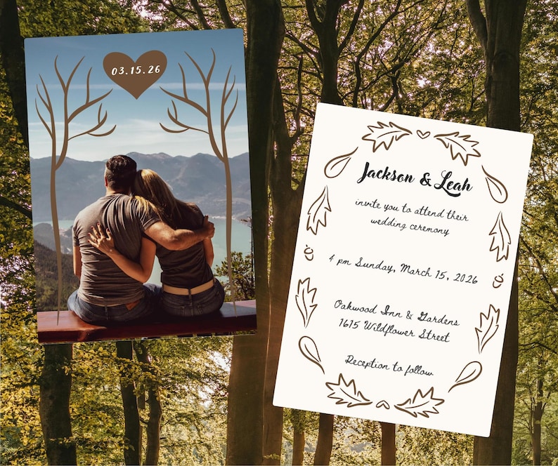 A hand drawn tree border and leaf border used on wedding invitation.