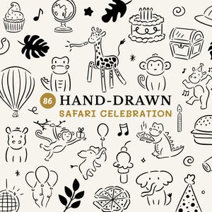 Puede incluir: Ilustraciones dibujadas a mano en blanco y negro de animales de safari, decoraciones de fiesta de cumpleaños y otros artículos de celebración. Las ilustraciones incluyen una jirafa, un mono, un elefante, un hipopótamo, un cocodrilo, un león, un globo aerostático, un pastel de cumpleaños y más. El texto "86 HAND-DRAWN SAFARI CELEBRATION" está incluido en la imagen.