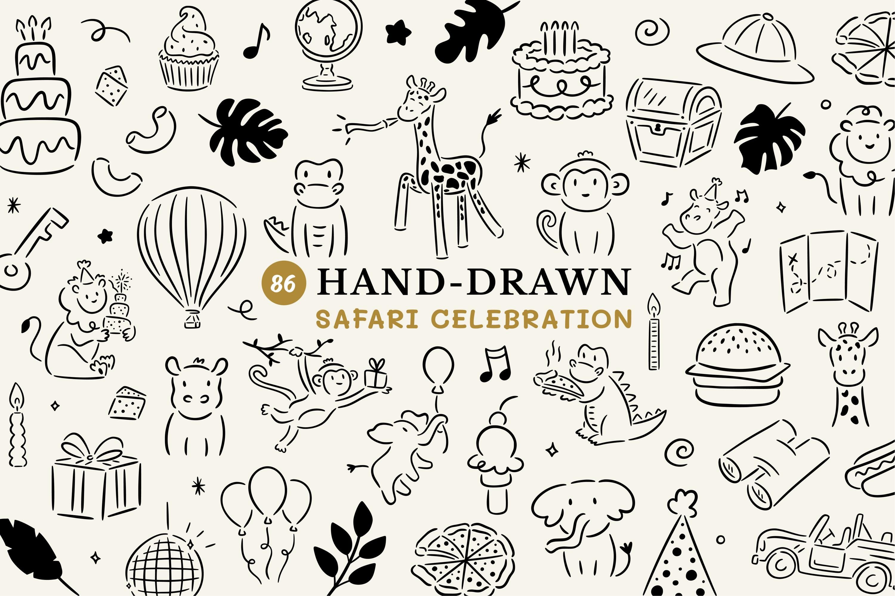 Safari Birthday Clipart Bundle, Hand Drawn Animal Doodles SVG PNG for Safari Animal Birthday Party Invitation, Baby Shower Sign & Nursery