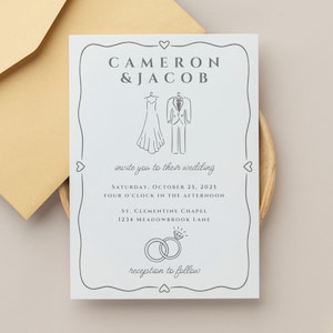 Whimsical wedding icons and a hand drawn border used on a wedding invitation.