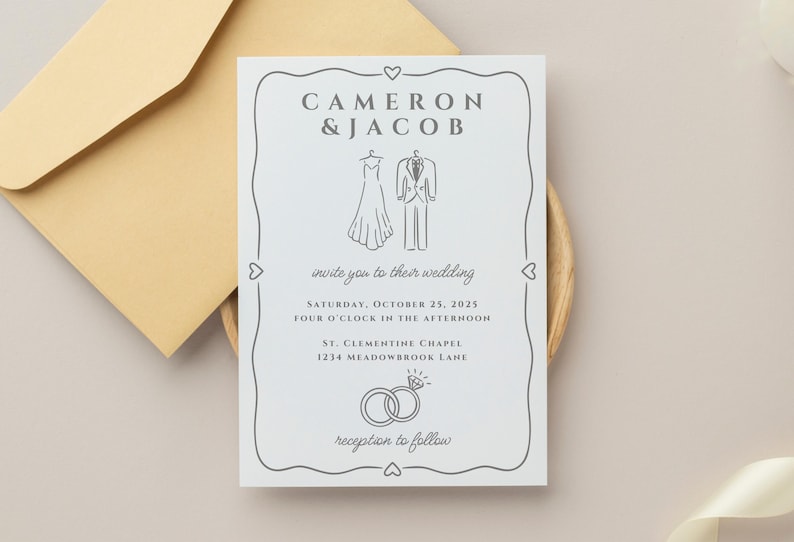 Whimsical wedding icons and a hand drawn border used on a wedding invitation.