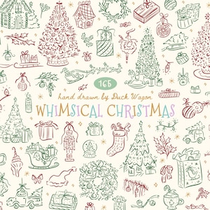 May include: A collection of hand-drawn Christmas illustrations in red and green ink on a cream background. The set includes trees, gifts, wreaths, stockings, and a sleigh. The text reads 165 hand drawn by Duck Wagon WHIMSICAL CHRISTMAS.