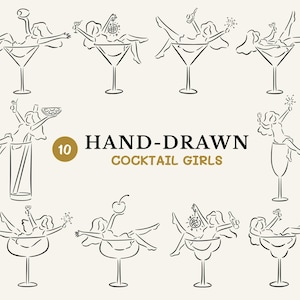 Cocktail Bachelorette Clipart, Handdrawn Cocktail Glass Illustrations, Hand Drawn Bachelorette SVG, Whimsical Bachelorette Party Doodles PNG