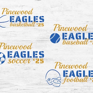 Designs for a school team using soccer, football, baseball, and basketball elements.