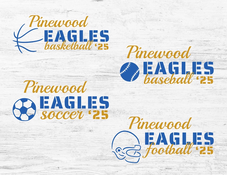 Designs for a school team using soccer, football, baseball, and basketball elements.