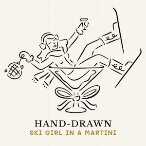Apres Ski Bachelorette Clipart, Frau im Martini Glas SVG, handgezeichnete Cocktail Braut PNG für Ski Trip & Last Toast on the Pists Einladung