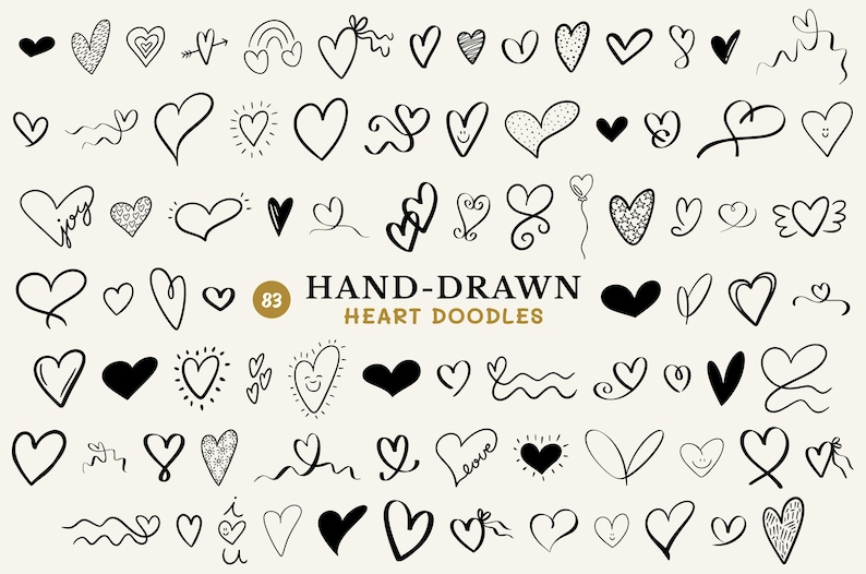 83 hand drawn heart doodles in an svg bundle.
