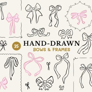Hand Drawn Bow SVG Bundle, Cute Ribbon Doodles, Frame PNG, Pink Coquette Bow Clipart for Whimsical Wedding, Bridal & Baby Shower Invitations