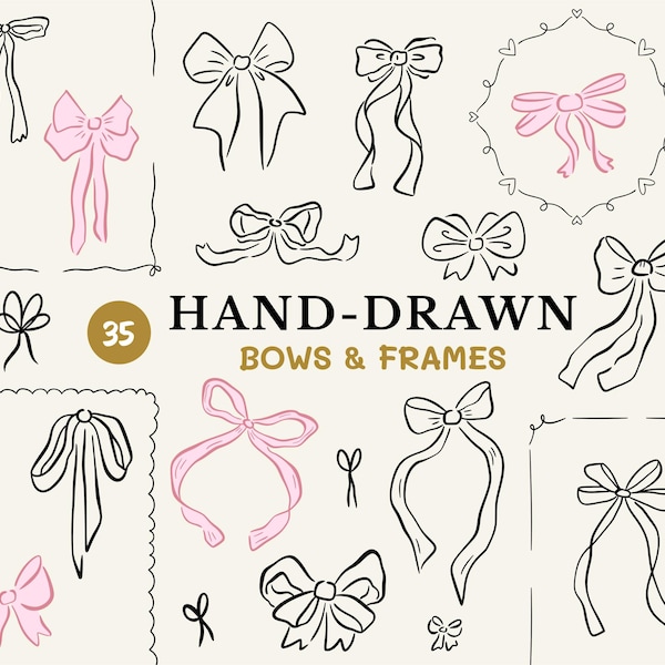 Pacote SVG de laço desenhado à mão, rabiscos fofos de fita, moldura PNG, clipart de laço coquete rosa para convites caprichosos de casamento, noiva e chá de bebê