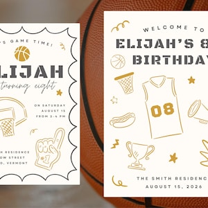 A basketball birthday invitation and welcome sign using the hand drawn basketball clipart.