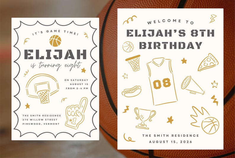 A basketball birthday invitation and welcome sign using the hand drawn basketball clipart.
