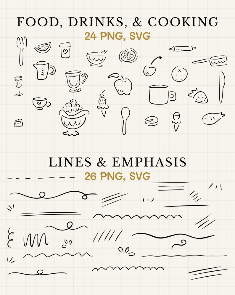 Food SVGs, drink SVGs, cooking SVGs, and line SVGs.