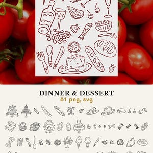 A menu and all 81 dinner and desert icons in a hand drawn style.