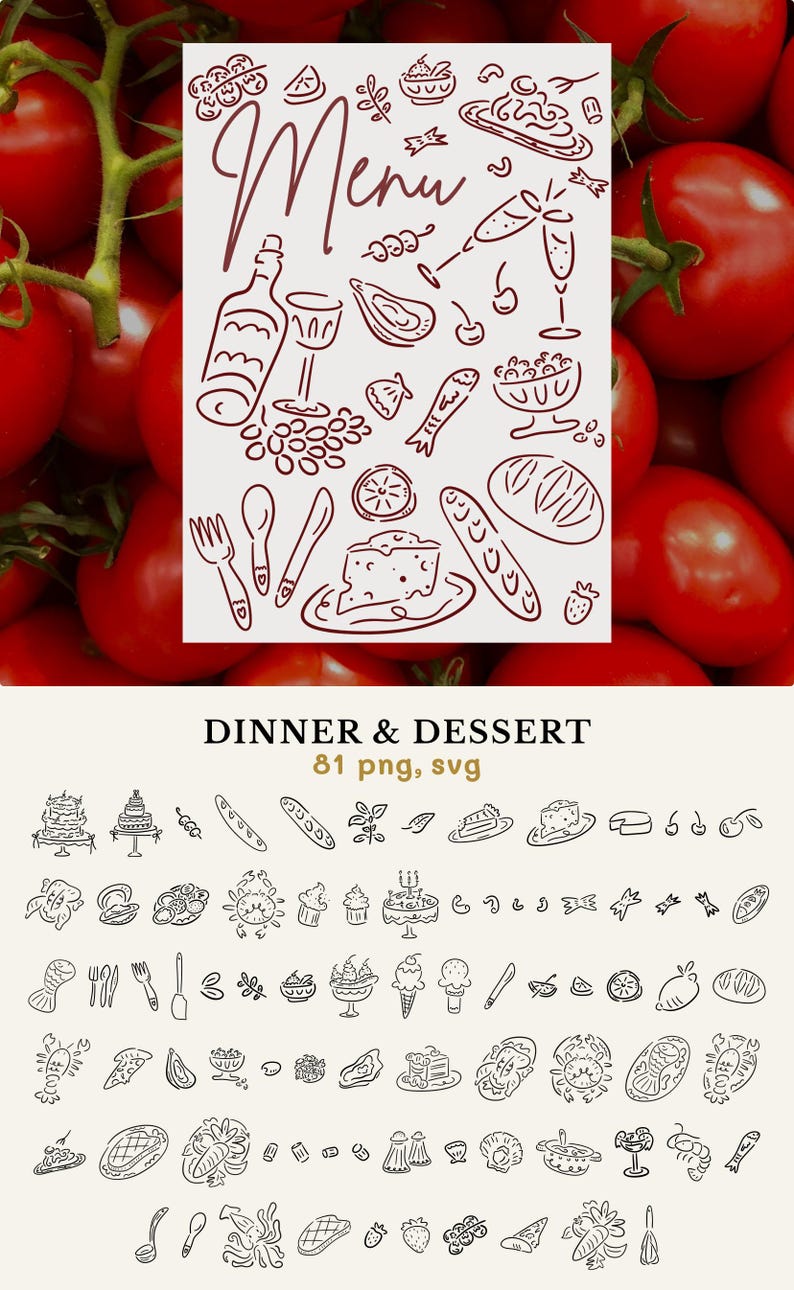 A menu and all 81 dinner and desert icons in a hand drawn style.