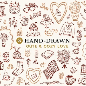 May include: A collection of hand-drawn illustrations in brown and beige, including hearts, cakes, and cosy objects. The text reads "95 HAND-DRAWN CUTE & COZY LOVE". Ideal for romantic or Valentine's Day designs.