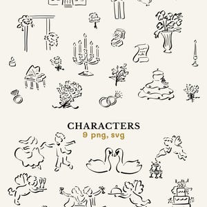 Ceremony and characters clipart including flowers, candles, and bride and groom drawings.