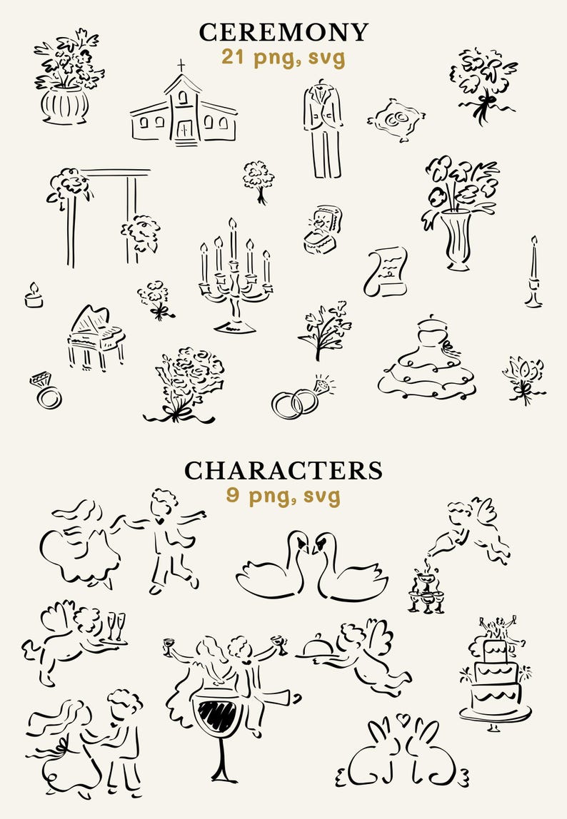Ceremony and characters clipart including flowers, candles, and bride and groom drawings.