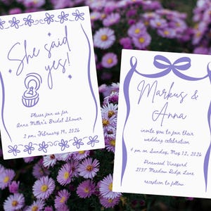 Bow border and flower border used on a bridal shower invitation and a wedding invitation.