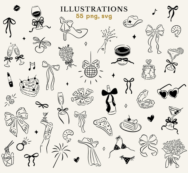 The 55 bachelorette party illustrations including bows, cocktails, bouquets, cowgirl elements, and other decorative pieces.