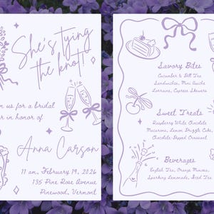 A "she's tying the knot" bridal shower invitation and menu designed with the hand drawn clipart set.