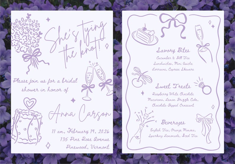 A "she's tying the knot" bridal shower invitation and menu designed with the hand drawn clipart set.