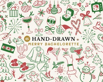 Peut inclure: Illustrations de Noël dessinées à la main en rouge et vert sur fond crème. L'image comprend des éléments festifs tels que des ornements, des cocktails, des cannes en sucre et le texte "Merry Bachelorette".