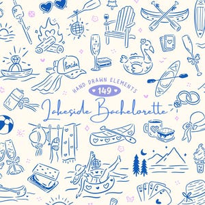 May include: A collection of blue line art illustrations on a cream background featuring lakeside bachelorette themes. Icons include canoes, paddles, champagne flutes, a bride hat, s'mores, a disco ball, and a tent. Text reads 149 Lakeside Bachelorette.