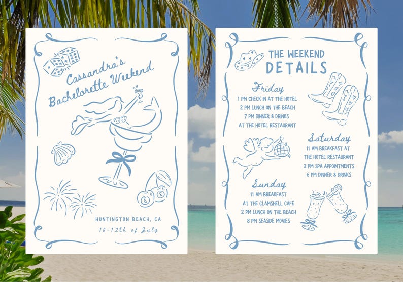 Whimsical hand drawn borders used on a bachelorette party invitation.